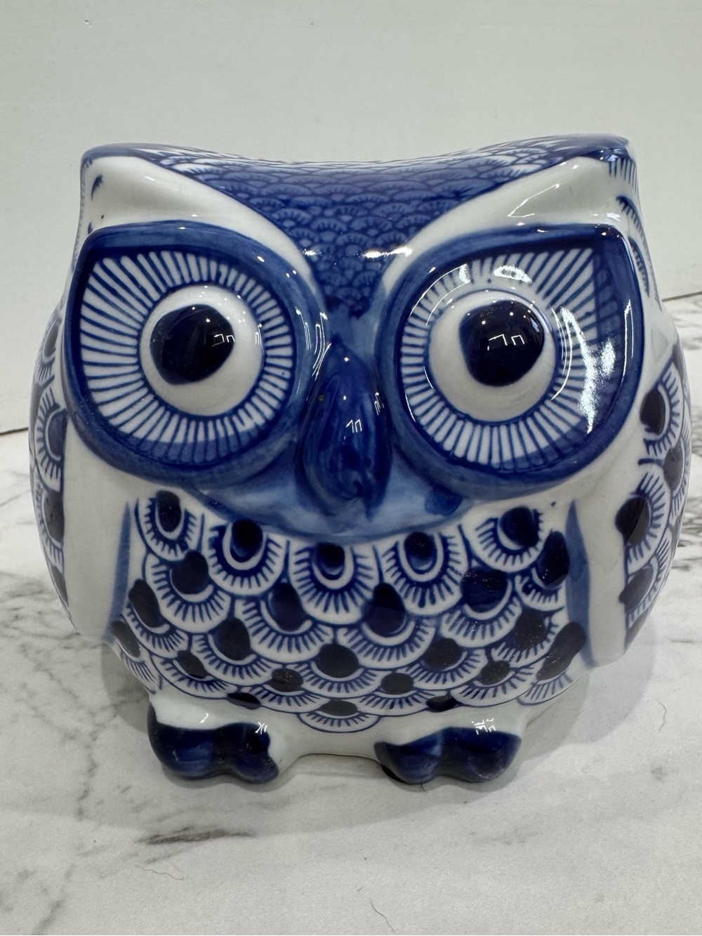 Chinoiserie Blue & White Ceramic Owl - Decorative Home